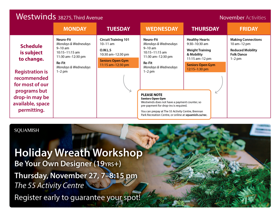 November activities Westwinds and Brennan Park Recreation Centre