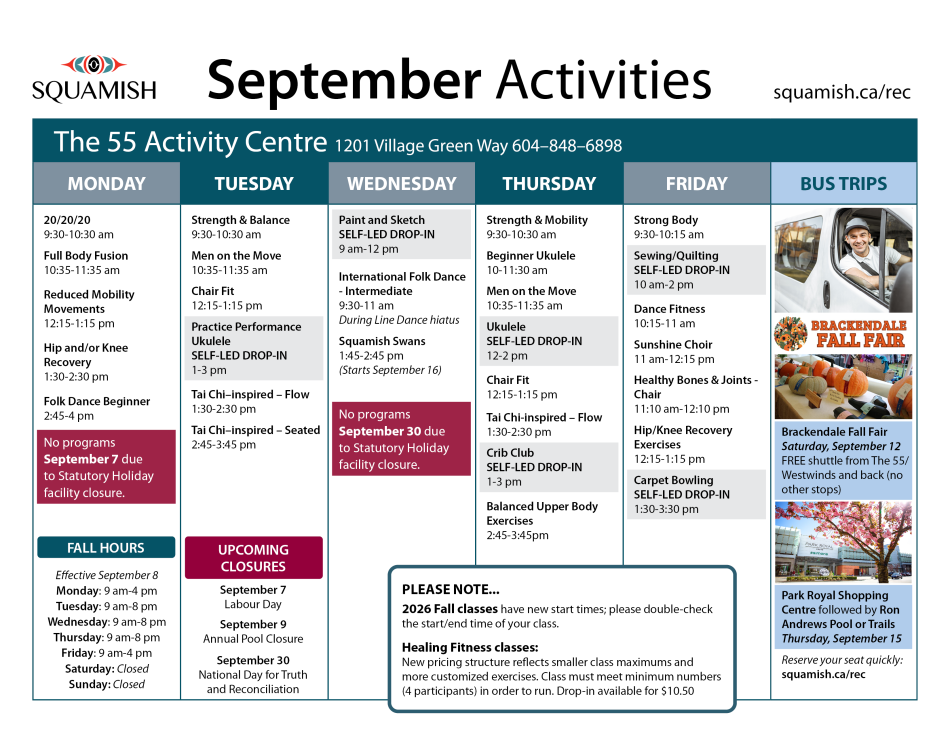 September calendar 55 Activity Centre activities