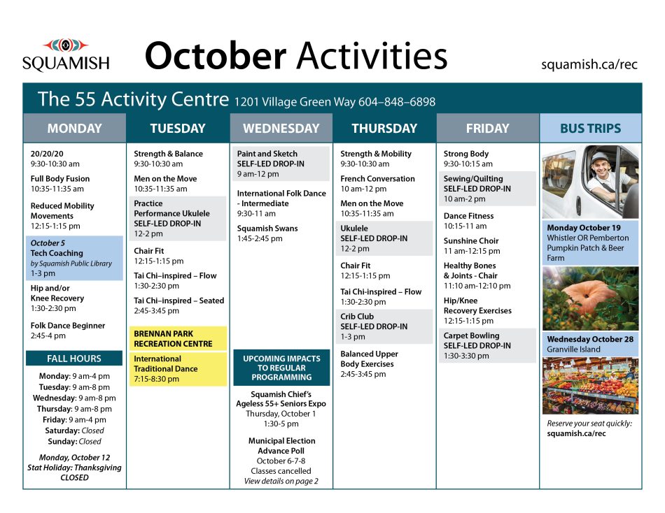 October 55 plus activity calendar