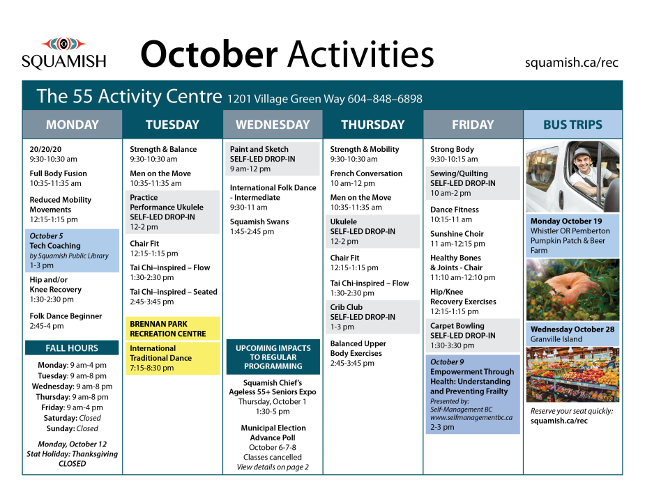 October The 55 Activity Centre calendar