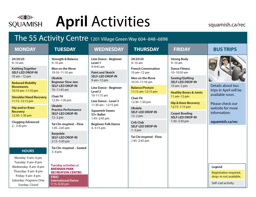 April activities at the 55 calendar