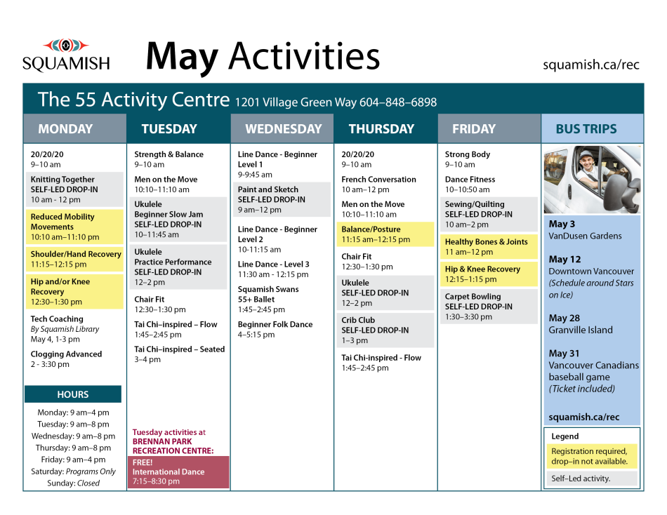 May calendar 55 Activity Centre activities