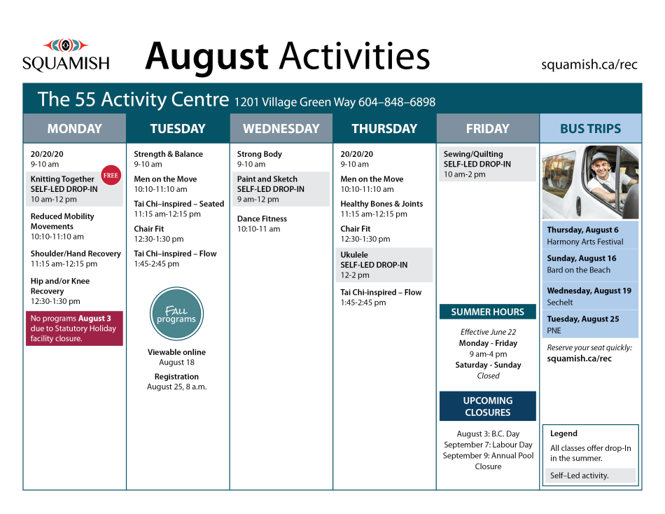 August Calendar 55 Activity Centre