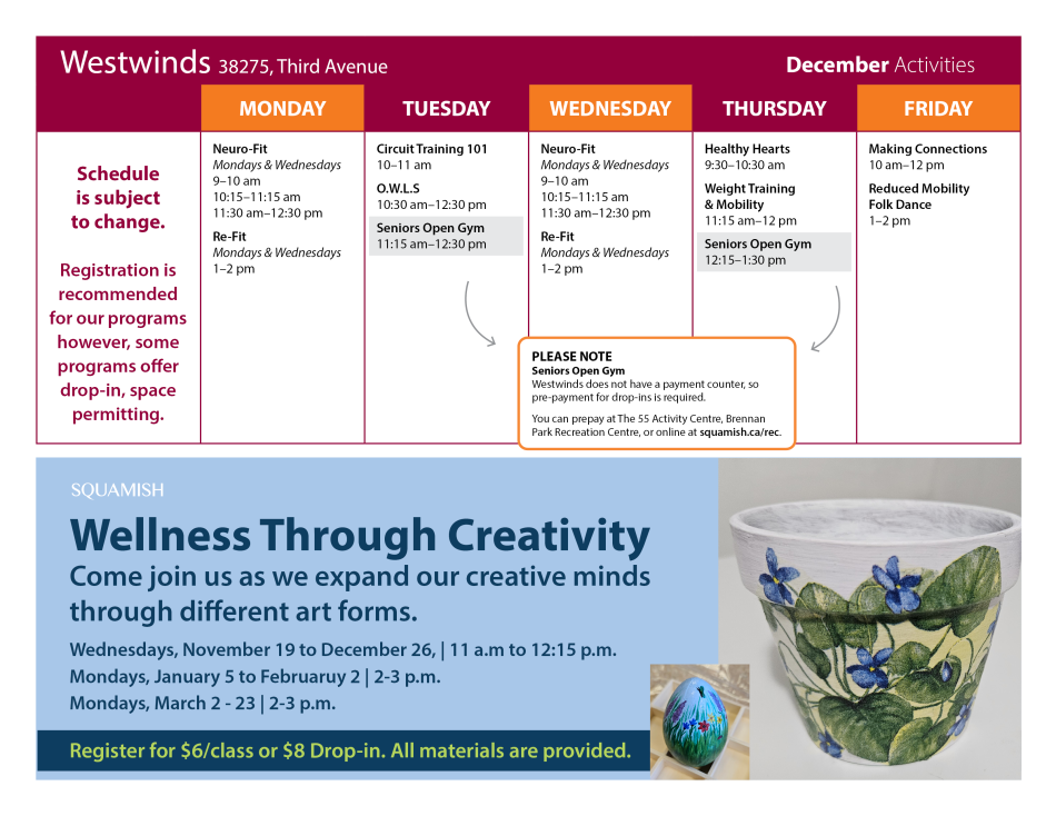 December Calendar of Activities page two