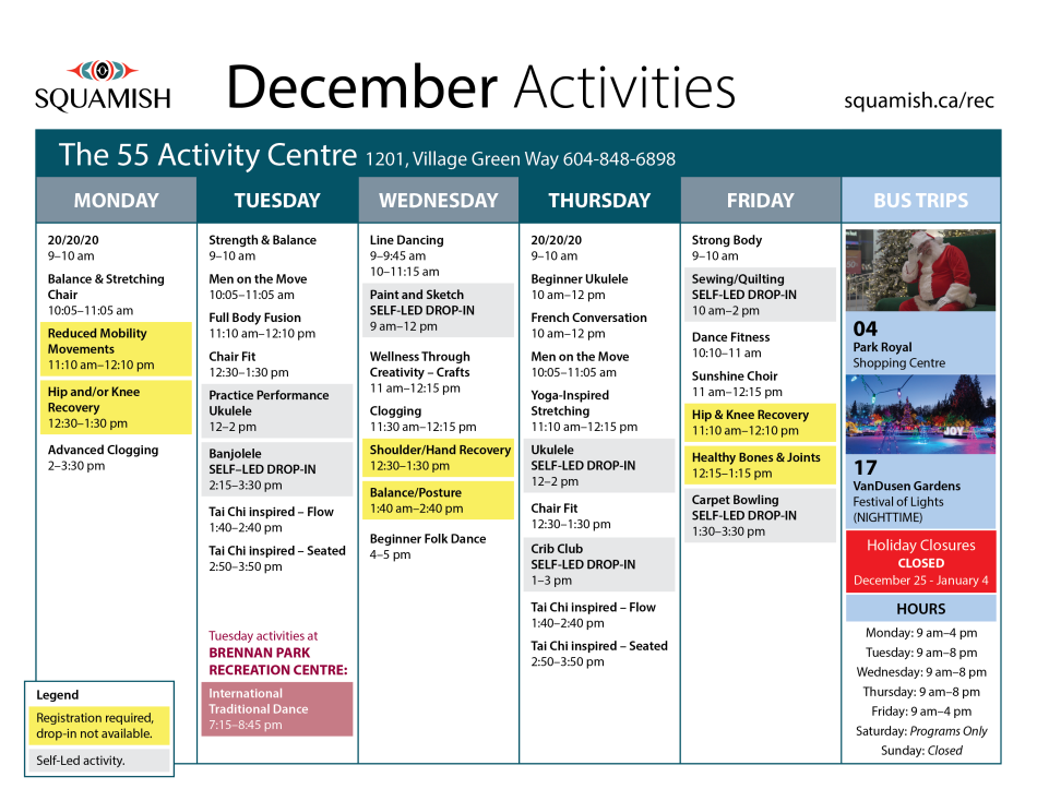 December Calendar of Activities