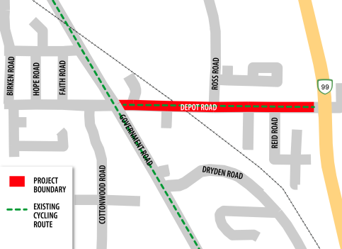 Map highlighting Depot Road from Highway 99 to Government Road