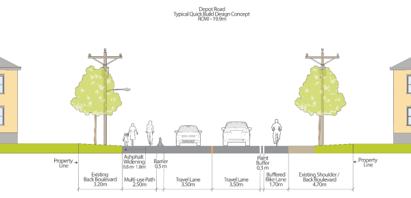 Diagram of improvements showing painted bike lane barrier on one side of the road and a concrete barrier on the other with an asphalt multi-use path.