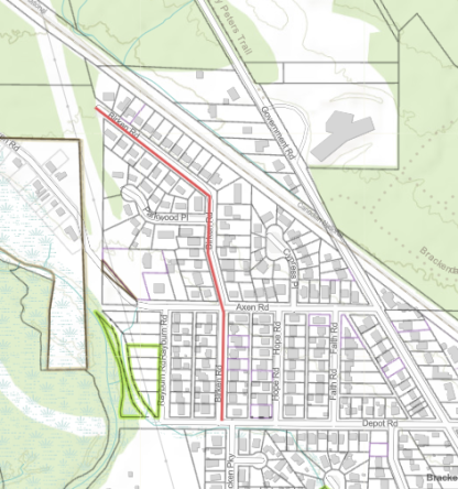 Map highlighting Birken Road from Depot Road to the end.