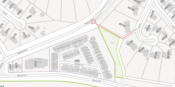 Map highlight work area. Right of way between Highlands Way South and Bills Place.