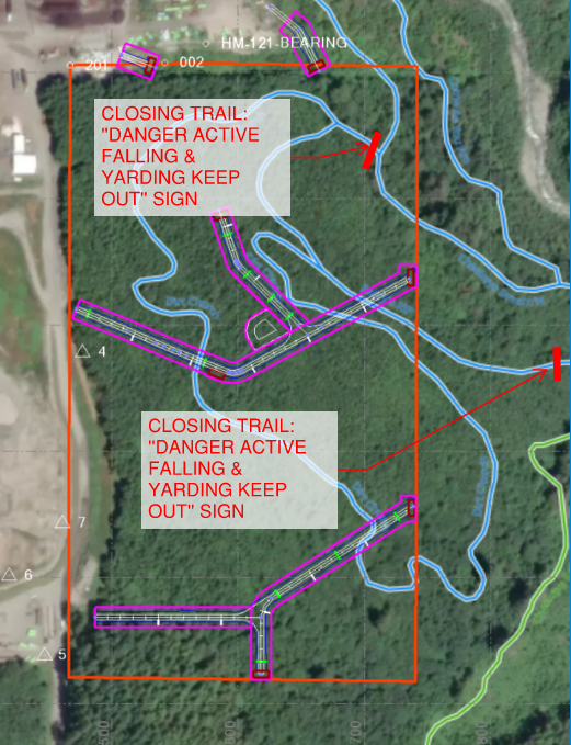 Map showing overlay of work area on trail network.