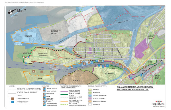 Map showing waterfront access status and general ownership type.