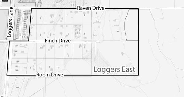 Map outlining affected Loggers East area from Robin Drive to Raven Drive and Loggers Lane.