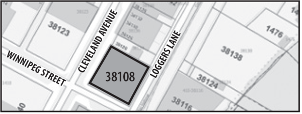 Map highlighting 38108 Cleveland Avenue at Winnipeg Street and Loggers Lane.