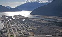 Aerial view of downtown squamish and howe sound.