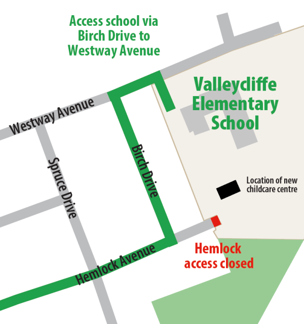 Map highlighting route along Helmock Avenue to Birch Drive to Westway Avenue to school entrance.